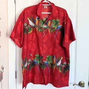Rima Red Tropical Flowers Parrot Hawaiian Style Button Down Shirt Size XL @Z